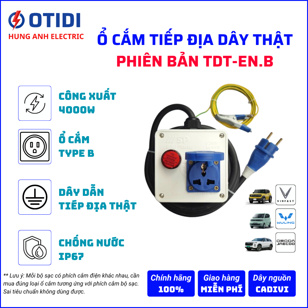 Ổ Cắm Tiếp Địa Dây Thật OTIDI TYPE B (Có Đèn Báo Nguồn) – Mã TDT-EN.B | Chuyên Sạc Xe Điện Jaecoo J7, VinFast, Wuling
