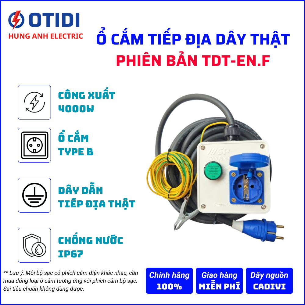 Ổ Cắm Tiếp Địa Dây Thật OTIDI TYPE F (Có Đèn Báo Nguồn) – Mã TDT-EN.F | Chuyên Sạc Xe Điện BYD, VinFast (2.2kW & 3.5kW)